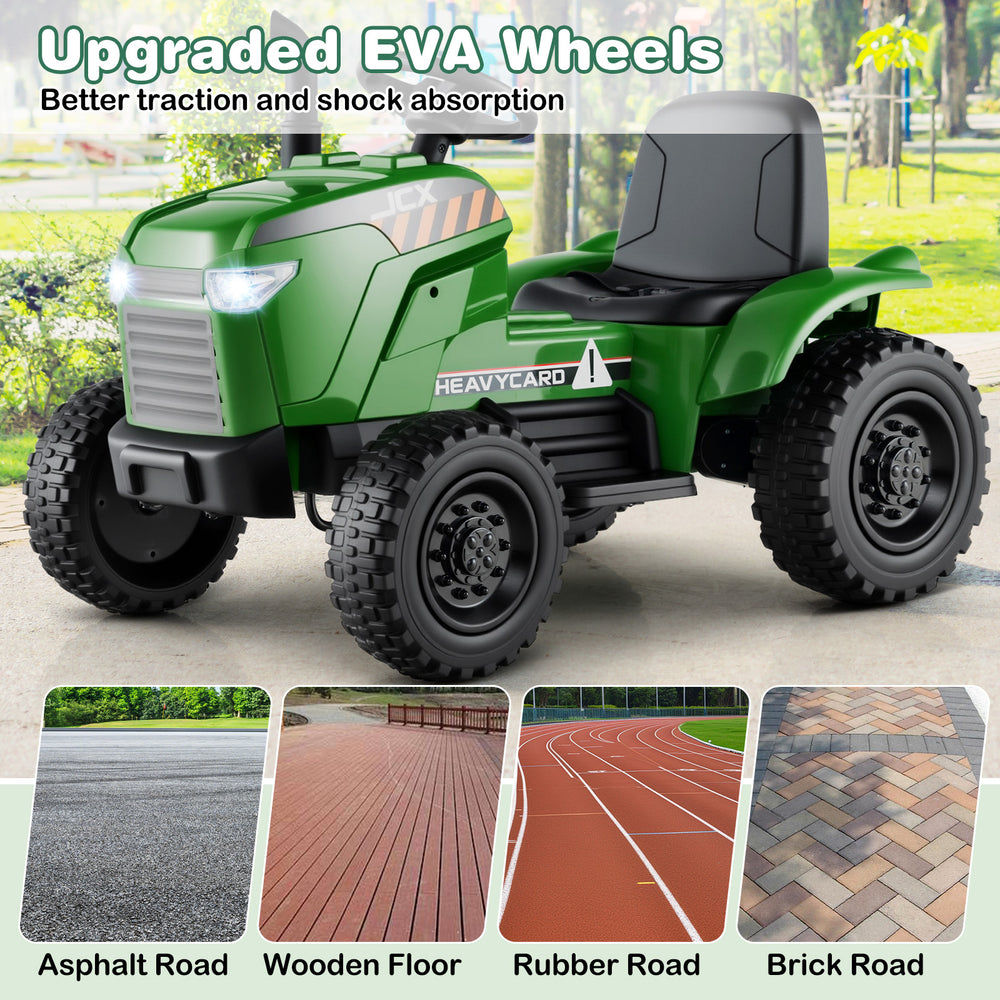 Kids ride-on tractor in grayish green with upgraded EVA wheels, suitable for smooth driving on various surfaces.