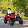 Red 12V kids ride-on truck with remote control, headlights, and safety features, perfect for outdoor fun.