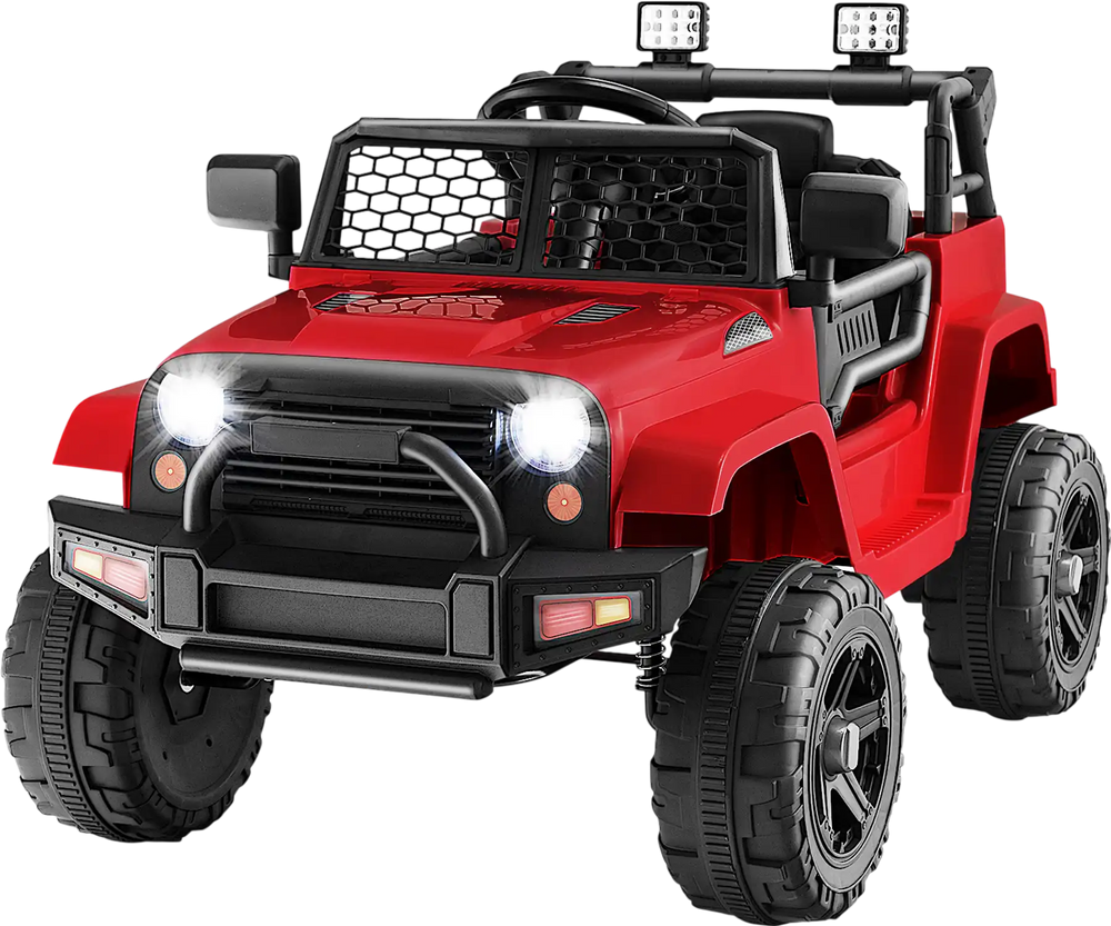 Red 12V kids ride-on truck with remote control, headlights, and anti-slip wheels for safe outdoor fun.