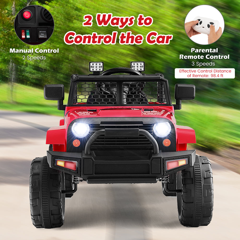 Red 12V kids ride-on truck with remote control, headlights, and safety features for a smooth driving experience.