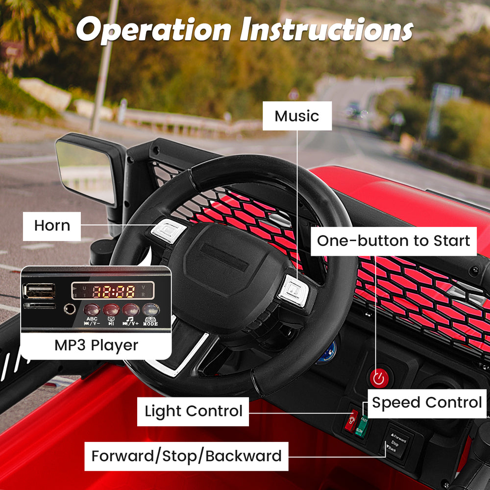 Close-up of the control panel for the 12V Kids Ride On Truck, featuring music, speed control, and MP3 player options.