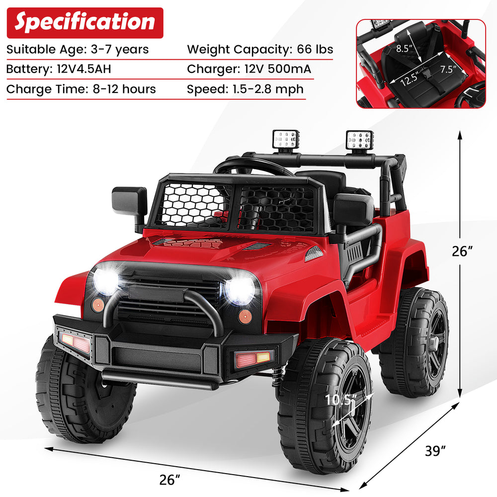 Red 12V kids ride-on truck with a seat belt, door locks, and smooth suspension for a safe and fun outdoor adventure.
