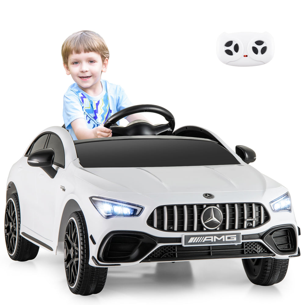 Kids ride-on car Mercedes-Benz AMG CLA 45 in white with remote control, LED lights, and adjustable safety belt.