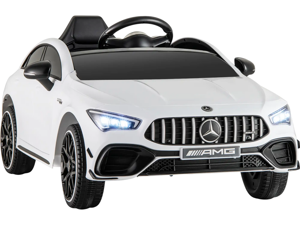 Kids ride-on car Mercedes-Benz AMG CLA 45 in white, featuring LED lights, remote control, and adjustable safety belt.