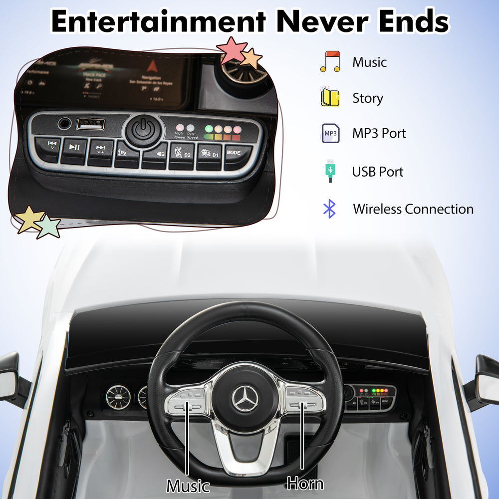 Close-up of the control panel for the 12V Kids Ride on Car Mercedes-Benz, featuring music, MP3, USB ports, and remote.
