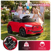Red 12V kids ride-on car, licensed Ford Mach E, featuring a comfortable backrest and parent control for safe driving.