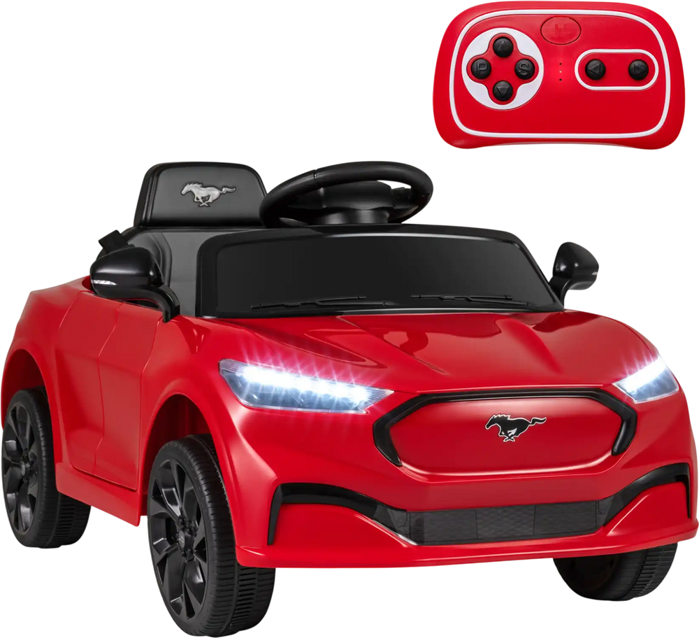 Red 12V kids ride-on car styled as a licensed Ford Mach E, featuring remote control, LED headlights, and safety belt.