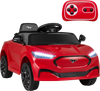 Red 12V kids ride-on car styled as a licensed Ford Mach E, featuring remote control, LED headlights, and safety belt.