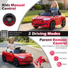 Licensed Ford Mach E 12V kids ride-on car in red with parent remote control, horn, and comfortable backrest for safety.