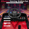 Multifunctional steering wheel of the 12V kids ride on car with horn, music controls, and buttons for speed and.