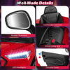Close-up of the 12V kids ride-on car's realistic rearview mirror, featuring a comfortable backrest and lockable doors.