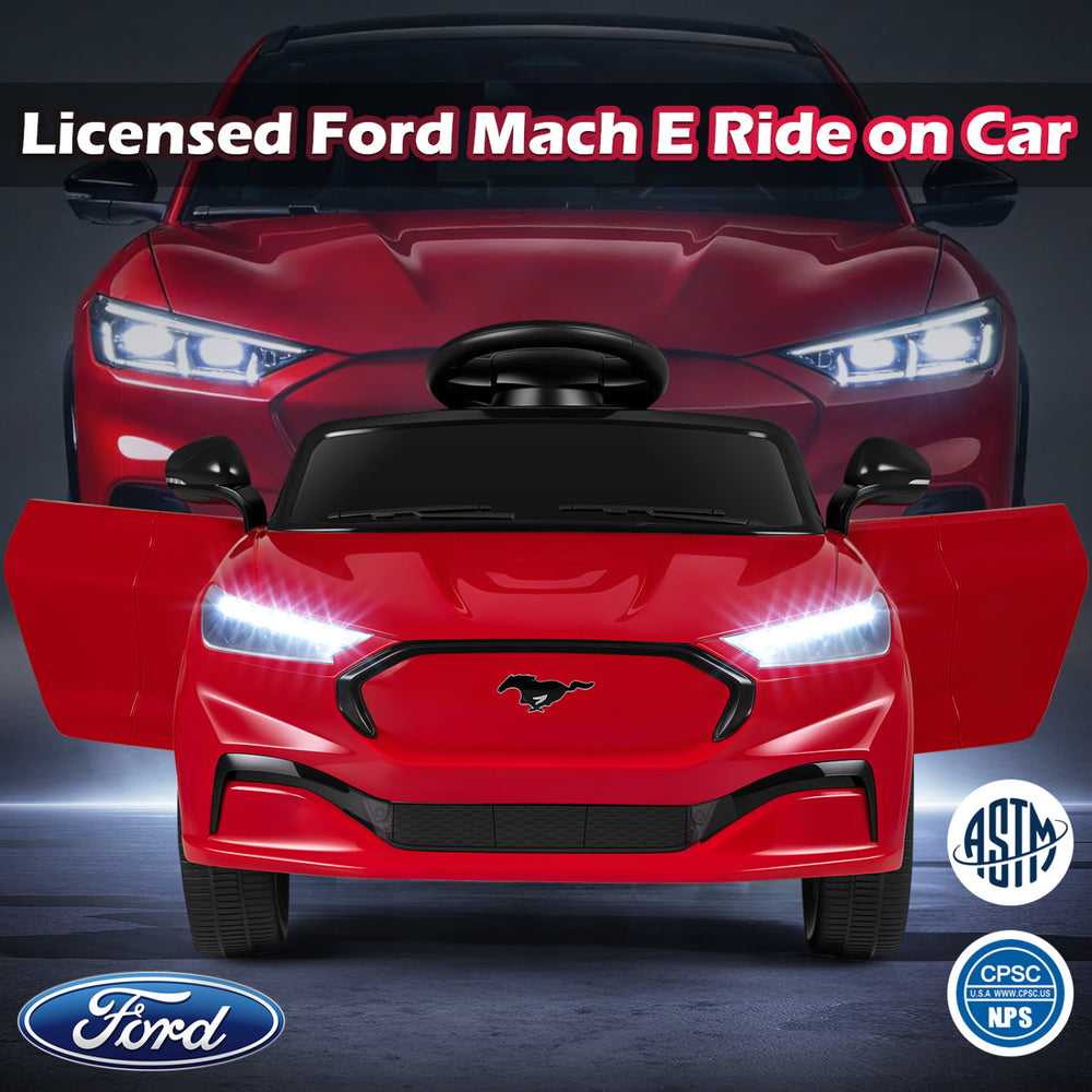 Licensed Ford Mach E kids ride-on car in red with remote control, LED headlights, and safety features for outdoor fun.