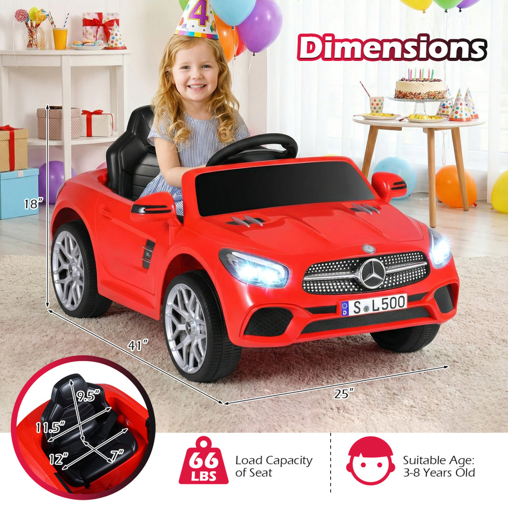 Red licensed Mercedes-Benz kids ride-on car with remote control, LED headlights, and spacious seat for ages 3-8.