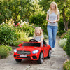 Red licensed Mercedes-Benz kids ride-on car with remote control, LED headlights, and music, perfect for outdoor fun.