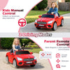 Red 12V licensed Mercedes-Benz kids ride-on car with remote control, LED headlights, and music features for fun.