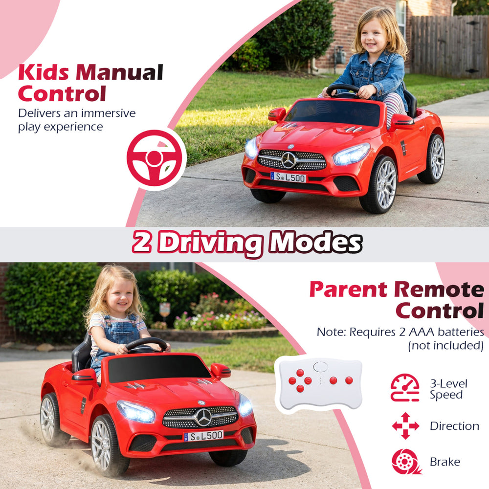 Red 12V licensed Mercedes-Benz kids ride-on car with remote control, LED headlights, and music features for fun.
