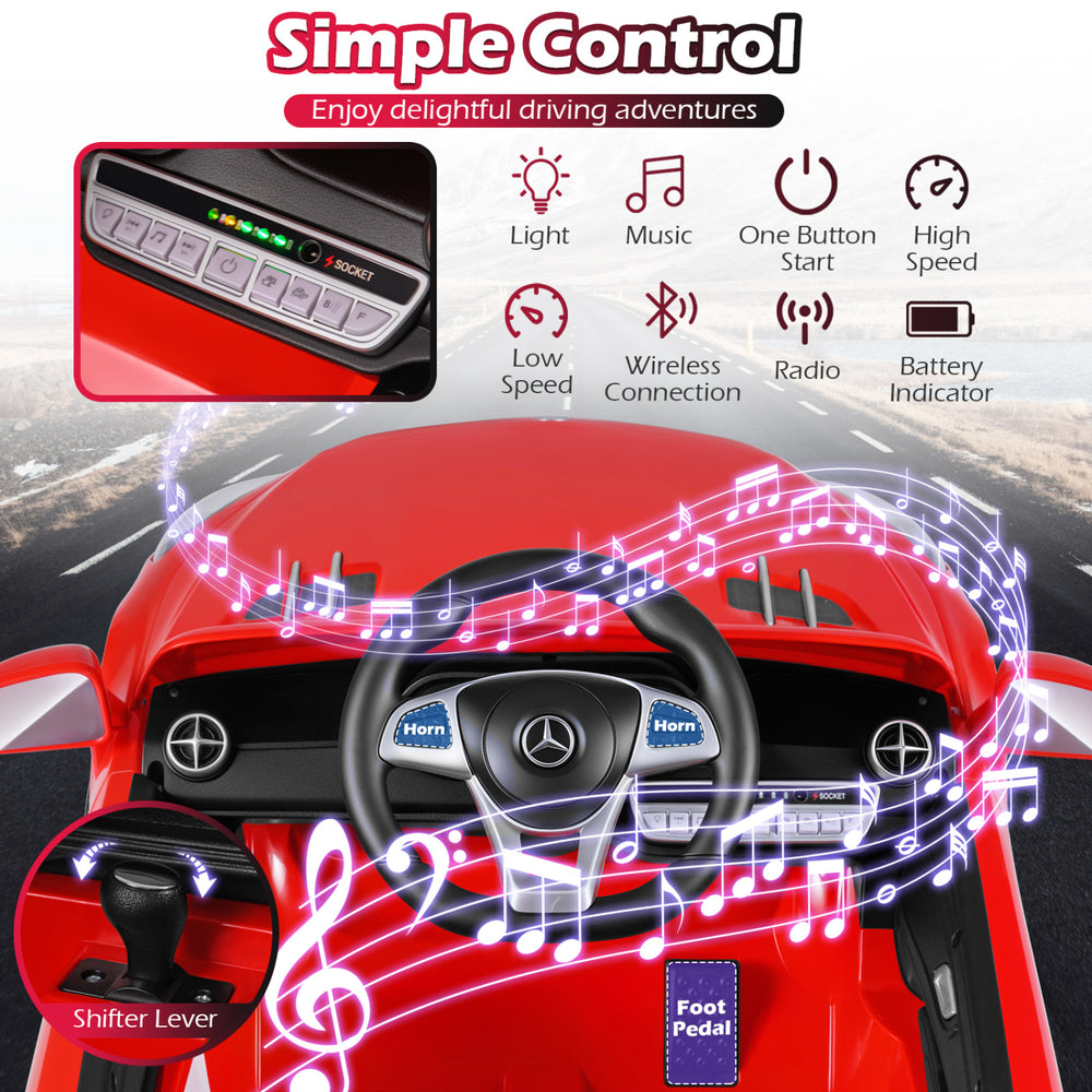 Interior view of the 12V kids ride-on Mercedes-Benz car featuring controls for music, speed, and battery indicator.