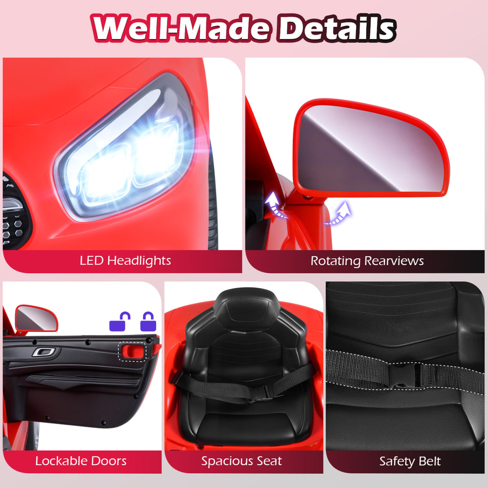 Close-up of the 12V kids ride-on car's LED headlights, lockable doors, and spacious seat for safe driving fun.