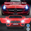 Licensed Mercedes-Benz 12V kids ride-on car in red with LED headlights, remote control, and music for fun outdoor play.
