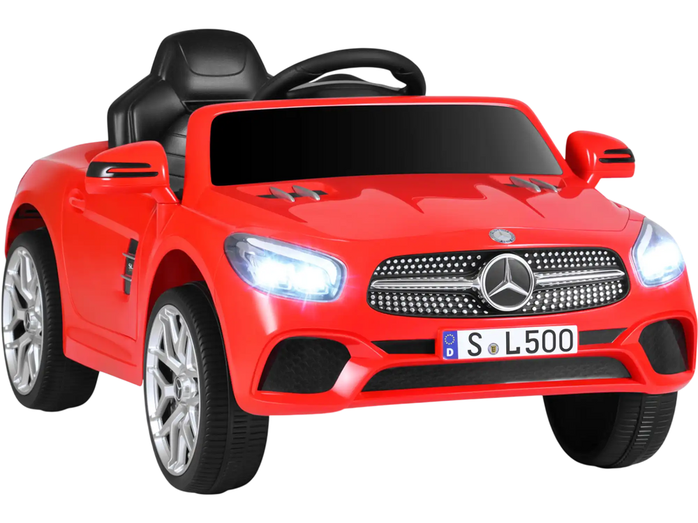 Red licensed Mercedes-Benz kids ride-on car with LED headlights, remote control, and music features for fun outdoor.