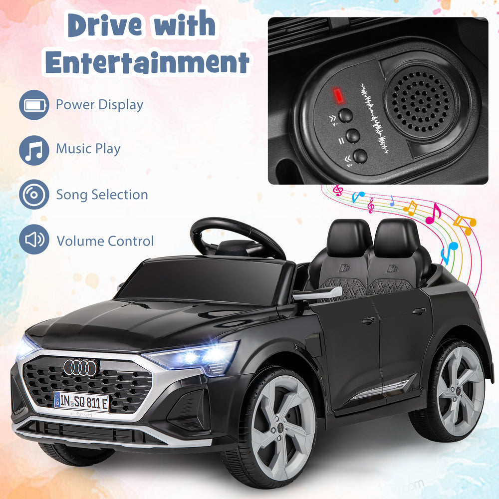 Licensed Audi SQ8 kids ride-on car in black with music panel, remote control, and spacious seats for safe driving fun.