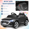 Licensed Audi SQ8 kids ride-on car in black with music panel, remote control, and spacious seats for safe driving fun.