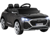 Licensed Audi SQ8 kids ride-on car in black with remote control, LED headlights, and spacious seat for safe play.