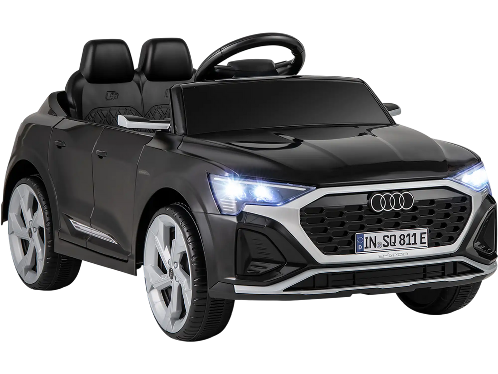 Licensed Audi SQ8 kids ride-on car in black with remote control, LED headlights, and spacious seat for safe play.