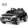 Licensed Audi SQ8 kids ride-on car in black with remote control, LED headlights, and spacious seat for safe driving fun.