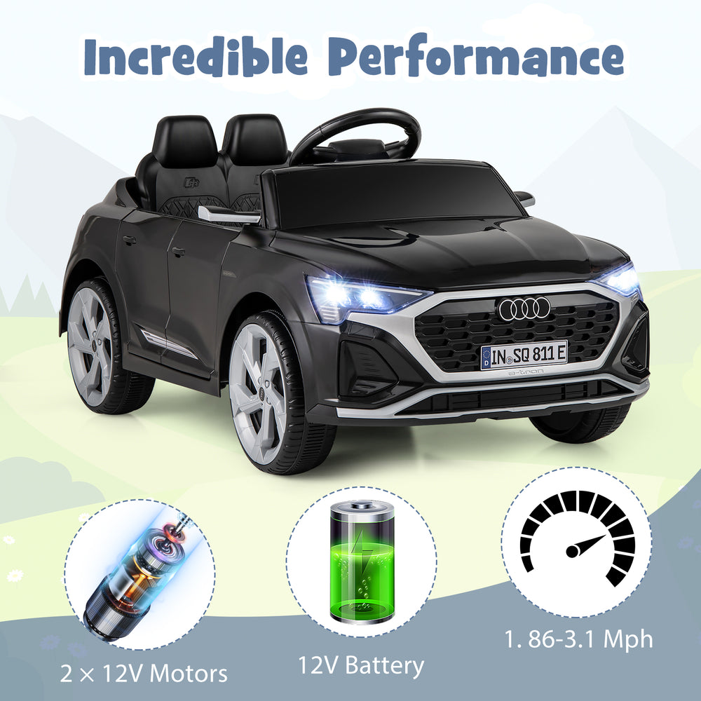 Black 12V kids ride-on car licensed Audi SQ8 with remote control, featuring 2 motors and 3 speed options for safe fun.