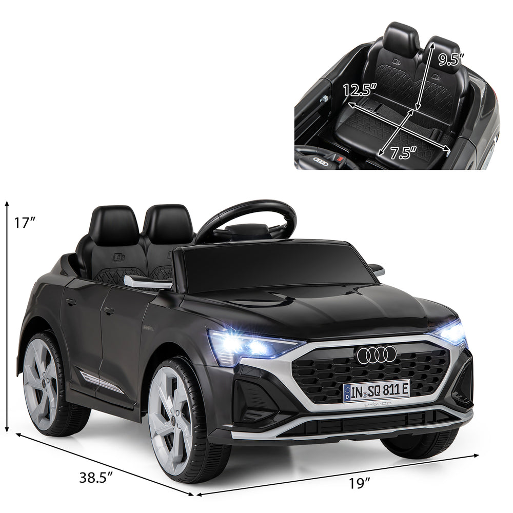 Licensed Audi SQ8 kids ride-on car in black with remote control, spacious seat, and LED headlights for safe outdoor fun.