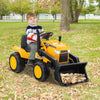 Yellow 12V kid's ride-on excavator with adjustable bucket, parental remote control, and sturdy wheels for outdoor.