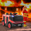 12V kids ride-on fire truck in red with remote control, water gun, and two seats for outdoor fun and imaginative play.