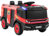 Red 12V kids ride-on fire truck with remote control, water gun, and two seats for fun outdoor playtime.