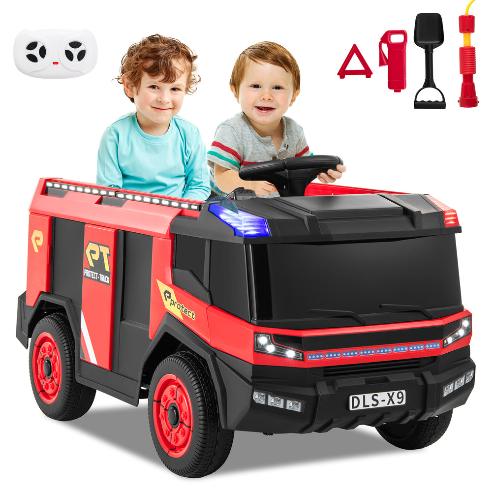 Red 12V kids ride-on fire truck with remote control, water gun, and two-seater design for outdoor fun.