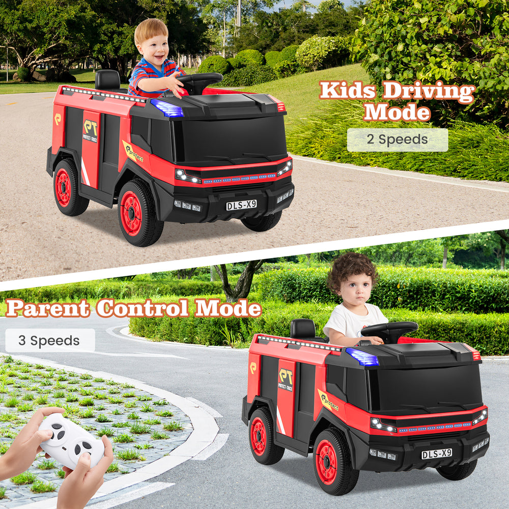 Red 12V kids ride-on fire truck with remote control, featuring 2-seater design, water gun, and LED lights for outdoor.