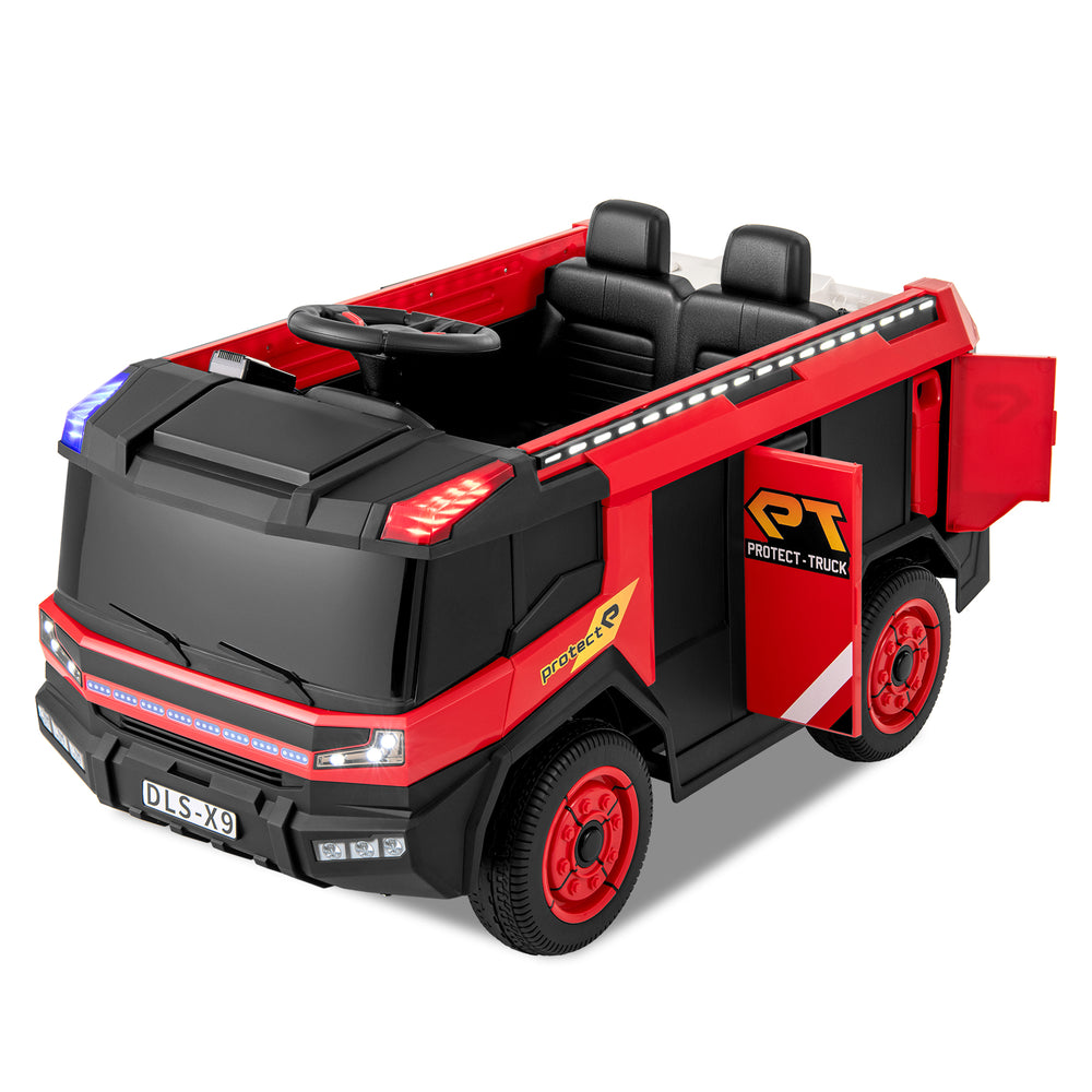 Red 12V kids ride-on fire truck with 2-seater capacity, remote control, water gun, and LED lights for outdoor fun.