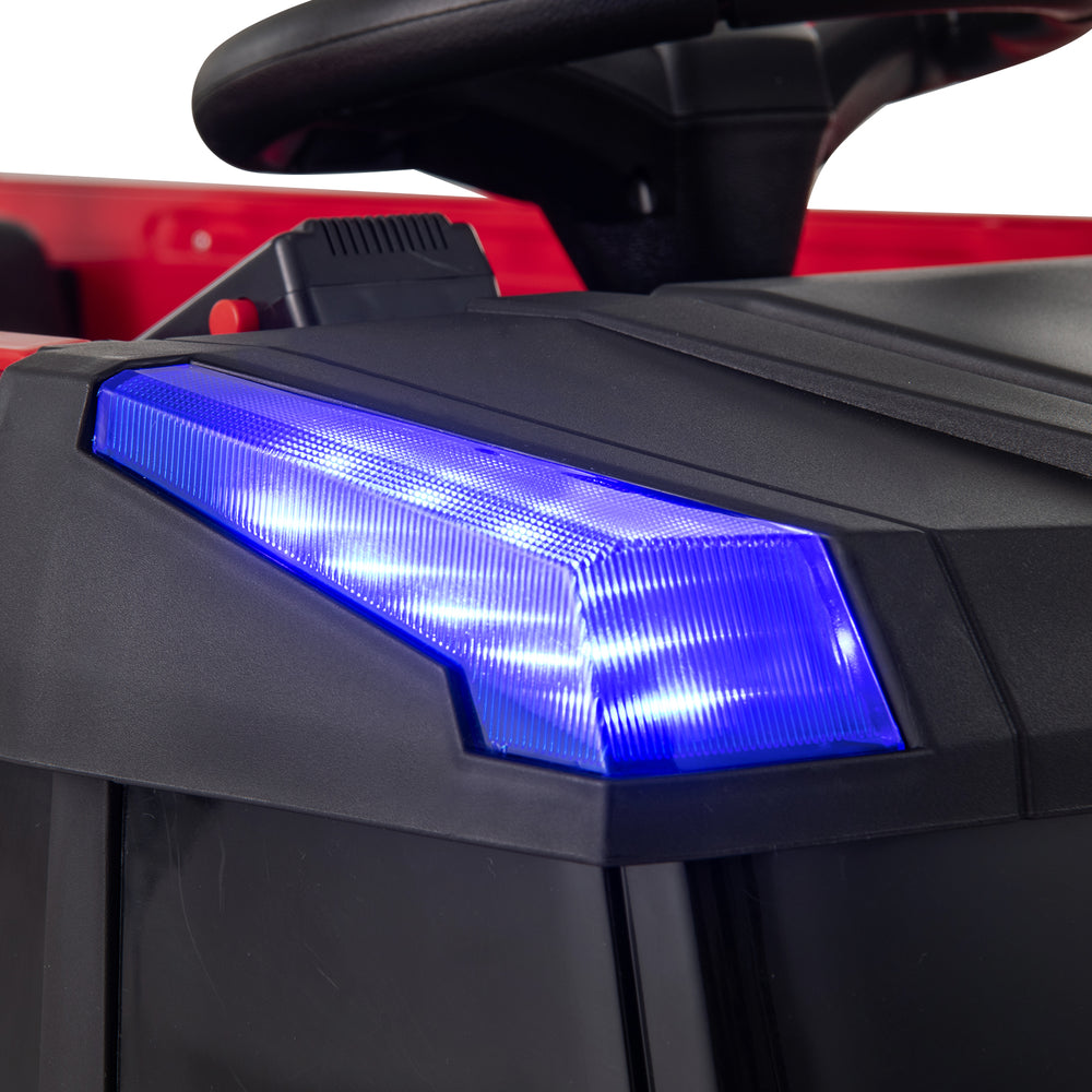 Close-up of the blue LED light on the 12V Kids Ride on Fire Truck, featuring a sleek design for fun outdoor play.