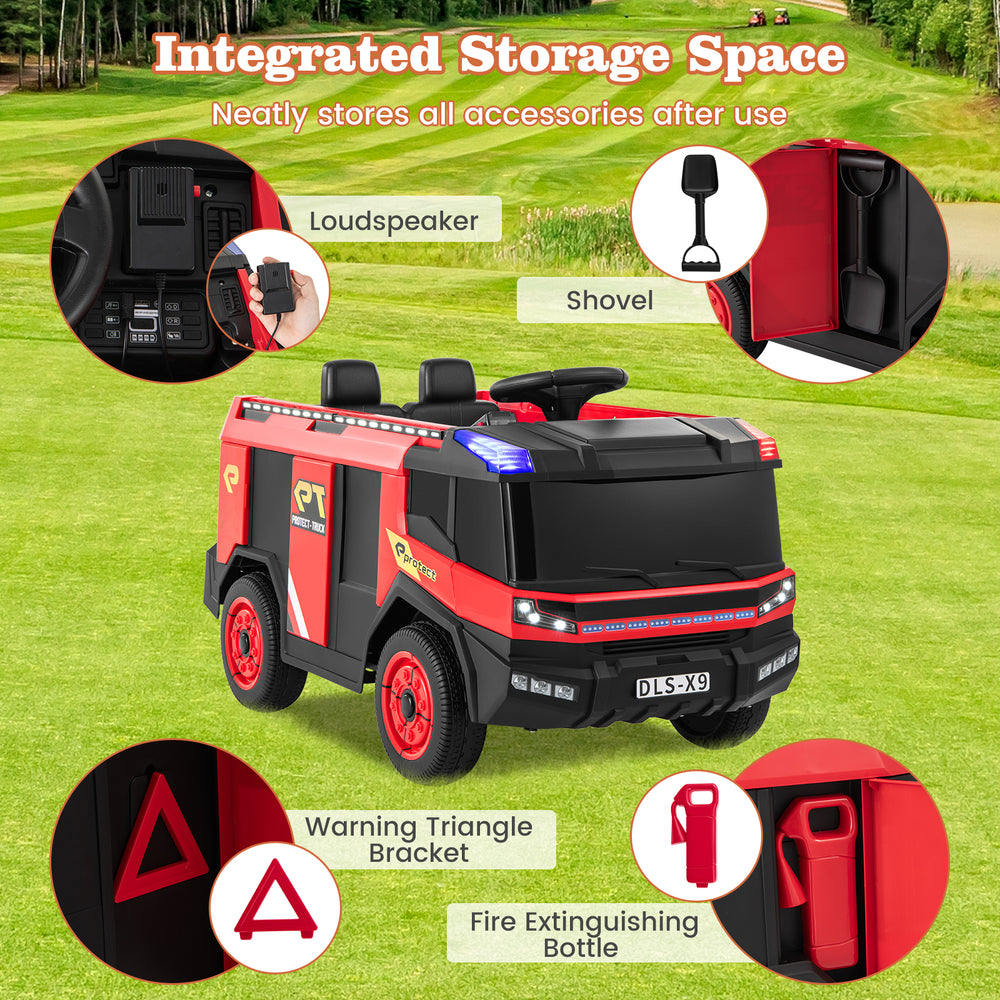12V kids ride-on fire truck in red with integrated storage, water gun, loudspeaker, and safety features for outdoor fun.