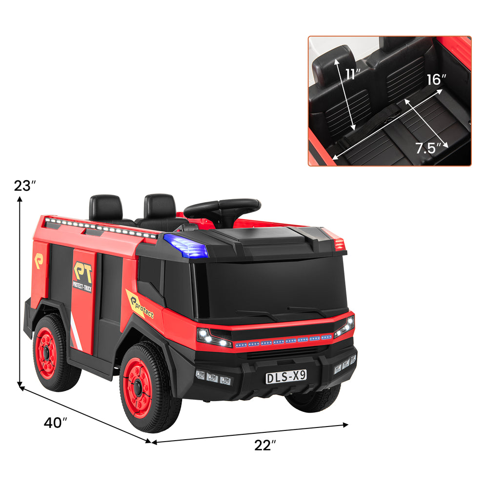 Red 12V kids ride-on fire truck with remote control, water gun, and 2-seater design for fun outdoor play.