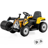 12V kids ride-on road roller in yellow with remote control, featuring adjustable drum roller and LED headlights for fun.