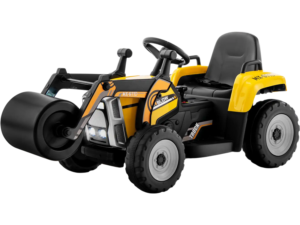12V kids ride-on road roller in yellow with remote control, featuring adjustable drum roller for immersive play.