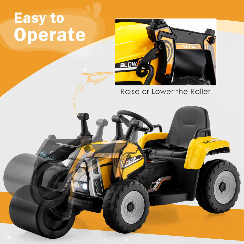 Kids ride-on road roller in yellow with adjustable drum roller and remote control for immersive play and driving fun.