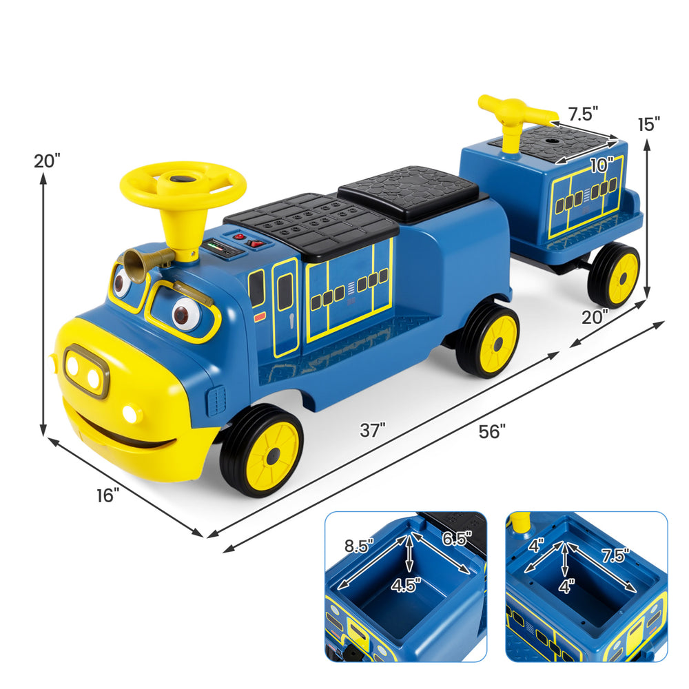Colorful 12V kids ride-on train with detachable carriage, designed for safe outdoor fun and storage, suitable for ages.