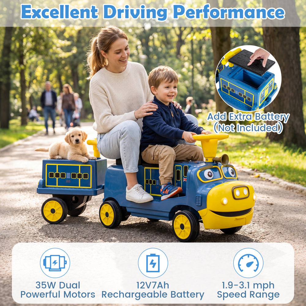 Kids ride-on train with detachable carriage, licensed Chuggington, featuring 35W motors and 12V rechargeable battery.
