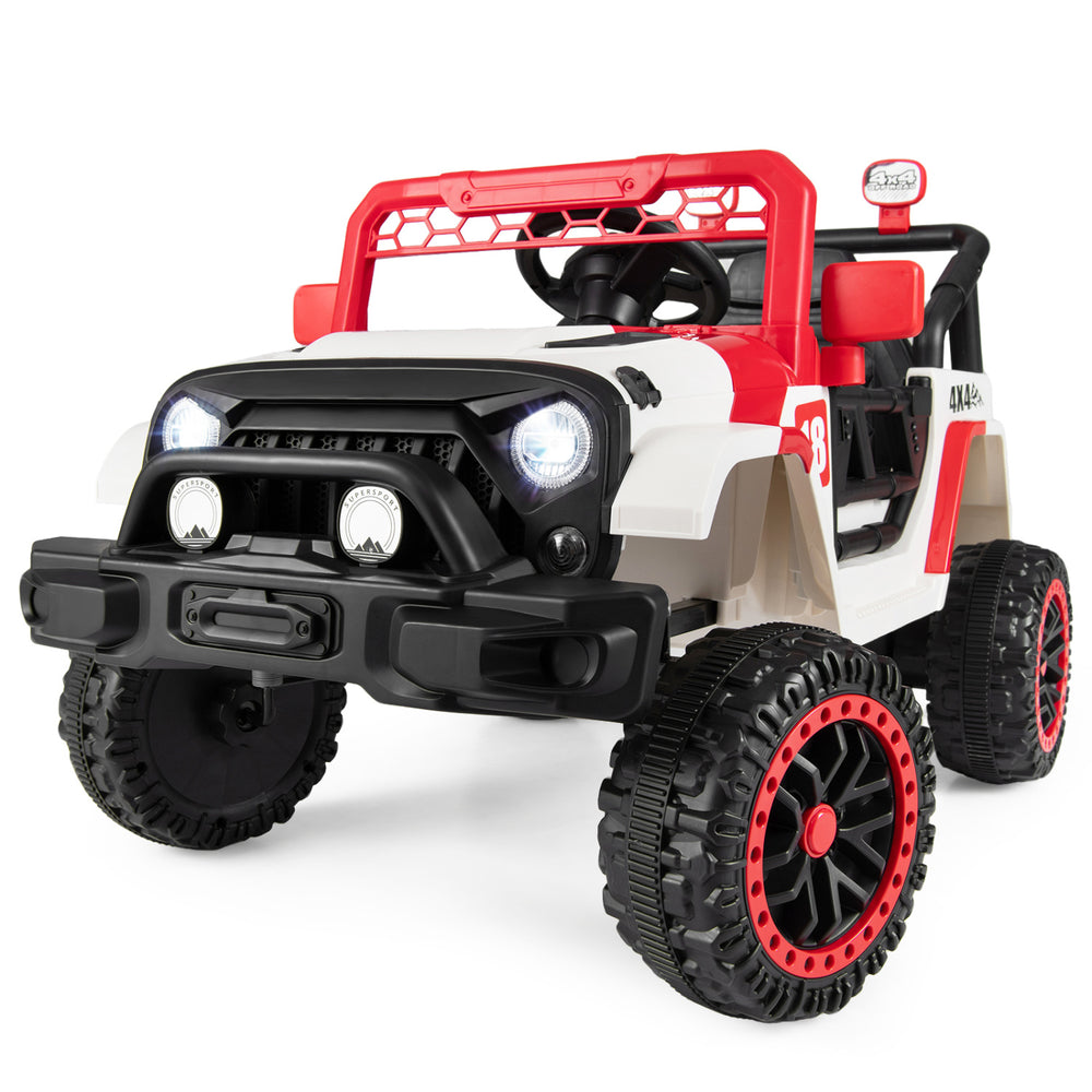 Red 12V kids ride-on truck with remote control, 3 speeds, and 4-wheel suspension for safe outdoor adventures.