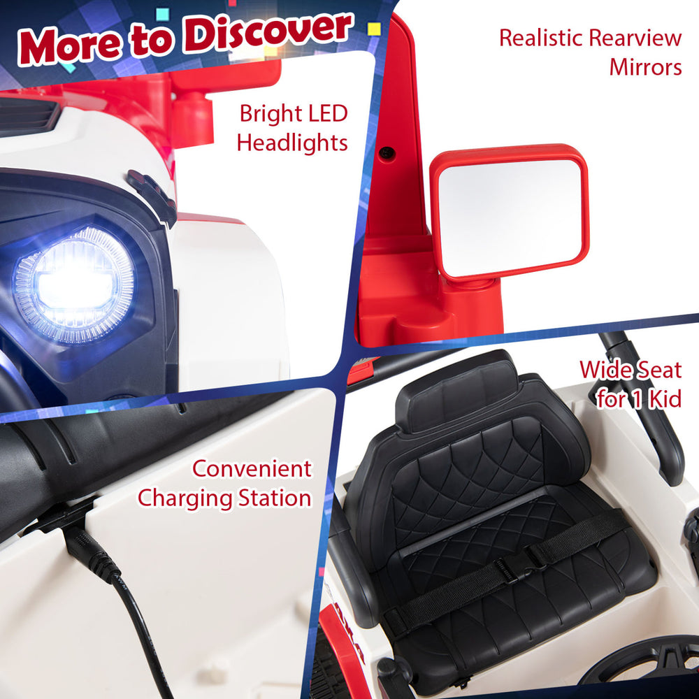 Bright red 12V kids ride-on truck features a wide seat for 1 kid, realistic rearview mirrors, and convenient charging station.