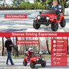 Red 12V kids ride-on truck with remote control, featuring all-terrain wheels and parent control mode for safe driving.