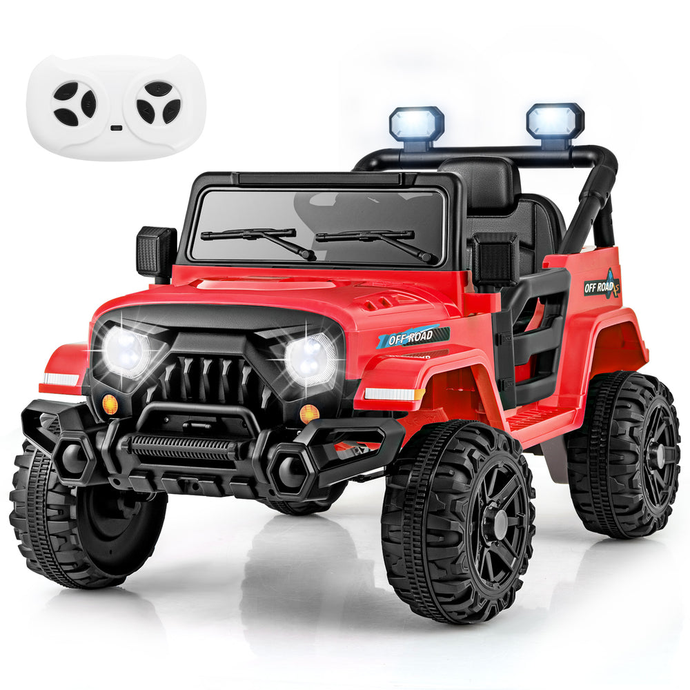 Red 12V kids ride-on truck with remote control, all-terrain wheels, and LED headlights for outdoor fun.