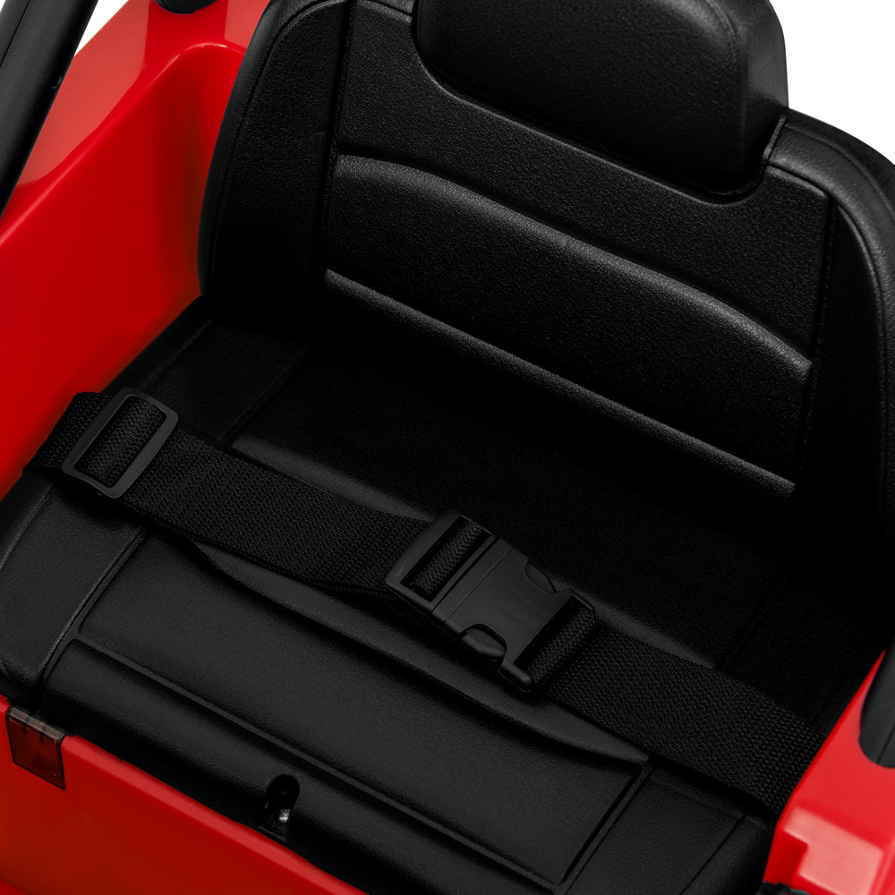 Spacious black seat with safety belt for the 12V Kids Ride on Truck Car, designed for comfort and security.